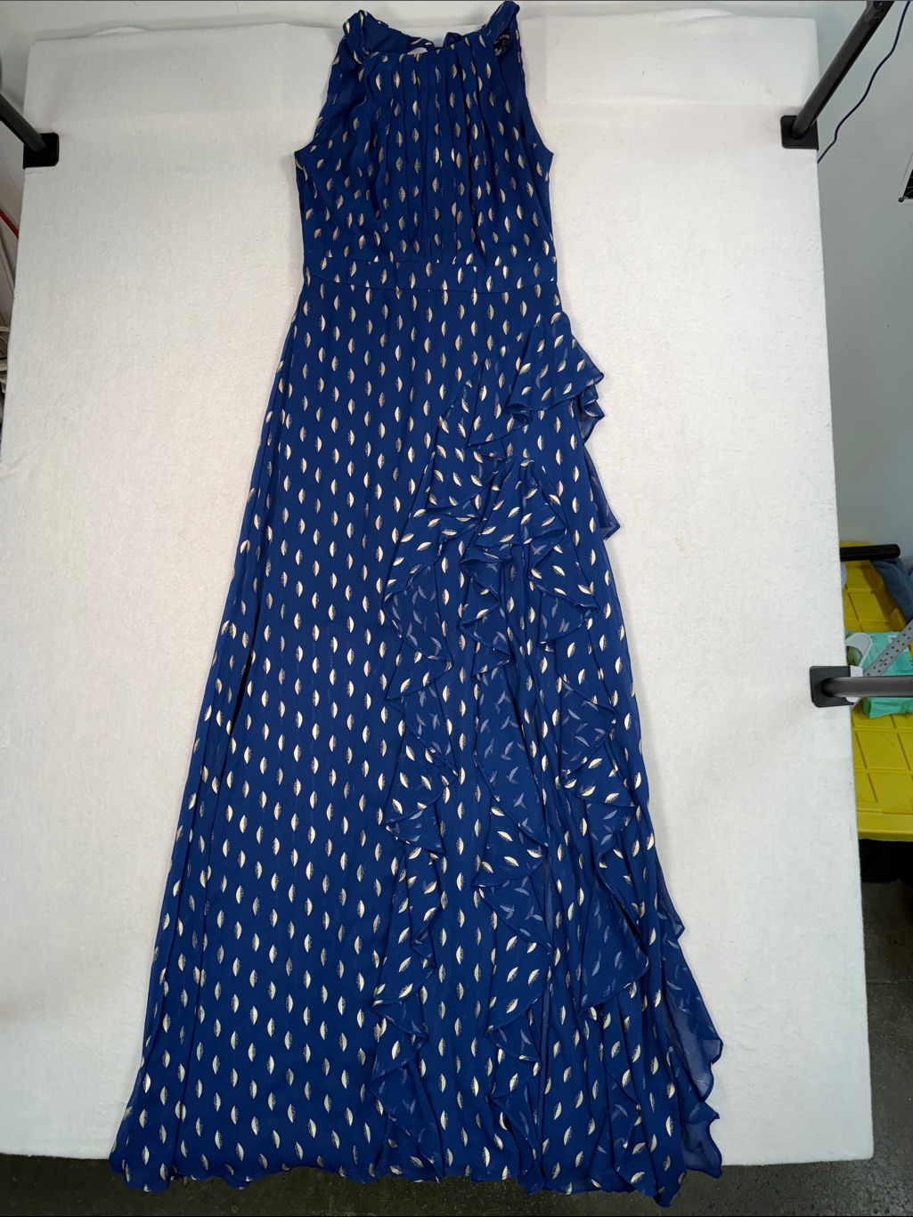 Betsy & Adam Karina Foil Metallic Clip Dot Ruffle Halter Chiffon Dress